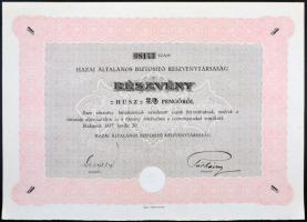 Budapest 1927. "Hazai Általános Biztosító Részvénytársaság" részvénye 20P-ről, szelvényekkel és szárazpecséttel T:I