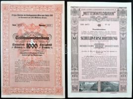 Ausztria / Innsbruck 1912. "Mittenwaldbahn" vasúti kötvény 200K-ról német nyelven betéti lappal + Bécs 1918. "Bécs város" 4%-kal kamatozó részkötvény 1000K-ról szelvényekkel T:II hajtatlan