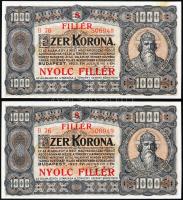 1923. 1000K nyomdahely jelölés nélkül és 8 FILLÉR - NYOLC FILLÉR felülnyomással (2x) egymásutáni sorszámmal T:I,I- Hungary 1923. 1000 Korona (2x) with 8 FILLÉR - NYOLC FILLÉR overprint and with sequential serial numbers C:UNC,AU Adamo K37/1