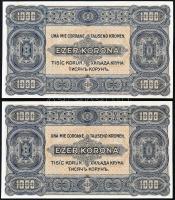 1923. 1000K nyomdahely jelölés nélkül és "8 FILLÉR - NYOLC FILLÉR" felülnyomással (2x) egy...