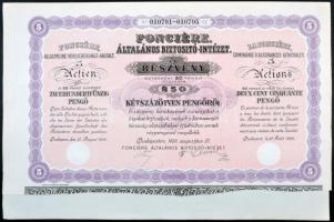 Budapest 1926. "Fonciére Általános Biztosító-Intézet" 5 részvénye összesen 250P-ről, szárazpecséttel T:I