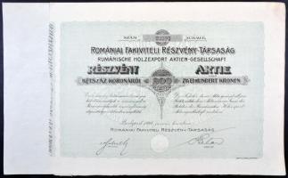 Budapest 1908. "Romániai Fakiviteli Részvénytársaság" részvénye 200K-ról, szárazpecséttel és szelvényekkel T:I,I-
