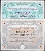 Újpest 1930. "Egyesült Izzólámpa és Villamossági Részvénytársaság" részvénye 100P-ről szelvények nélkül + 100 részvénye 10.000P-ről szelvényekkel, bélyegzéssel érvénytelenítve T:I,I-