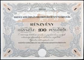 Újpest 1930. "Egyesült Izzólámpa és Villamossági Részvénytársaság" részvénye 100P-ről szel...