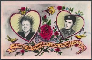 cca 1950 Hajdú János: Csongrádon szolgáló katona szívküldi fotólapja, kézzel színezve, 9x14 cm