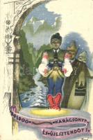 3 db régi motívumlap, Bozó szignóval; karácsonyi üdvözlő, magyar folklór / 3 old motive cards, signed by Bozó; Christmas greeting, Hungarian folklore