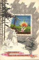 3 db régi motívumlap, Bozó szignóval; karácsonyi üdvözlő, magyar folklór / 3 old motive cards, signe...