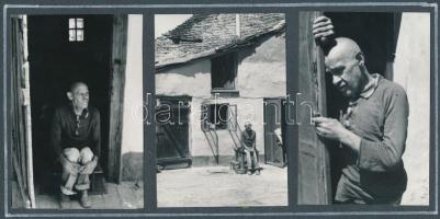 cca 1970 Kalocsai Rudolf: Elesetten, a szerző által feliratozott vintage fotóművészeti alkotás, három fotó közös fekete kartonra ragasztva, képméret 9,5x6,5 cm, karton 18x24 cm