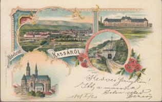 1898 Kassa, Tehányi alagút, Felsőbb leányiskola, kiadja Wlaszlovits Gusztáv / tunnel, girl school, floral Art Nouveau litho