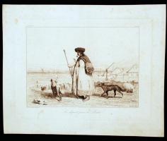 cca 1855 Valerio, Theodore (1819-1879): Pusztai életképek: A pásztor és kutyái Rézkarc: Imp a Pierron et Delatre r. Montfaucon 1. Jelzett a dúcon 27x33cm