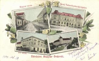 Mosonmagyaróvár, Magyaróvár; Magyar utca, új Takarékpénztár, Fő utca, Központi sörcsarnok, floral