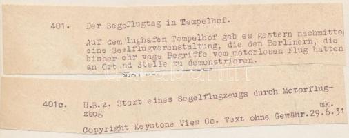 1931 Keystone fotó egy berlini vitorlázó repülőgép bemutatóról, németül feliratozott sajtófotó, sark...