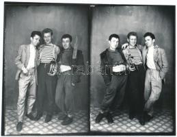 cca 1960 Csongrád, piroskavárosi apacs legények fél üveg bor után Hajdú János fényképész műtermében, a szerző hagyatékában levő üveglemez negatívokról készült későbbi kontakt másolat, 15x20 cm-es fotópapírra