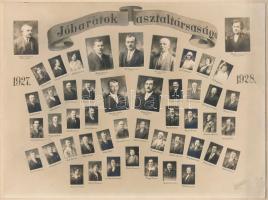 1928 Jóbarátok asztaltársasága, kistabló Kvassay (Bp.) műterméből, 48 nevesített portréval, 17x23 cm, karton 21x25 cm