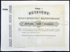 Budapest 1923. "Nemzeti Hitelintézet Részvénytársaság" 2000 Korona értékű részvénye szelvényekkel, szárazpecséttel, felülbélyegezve T:II-,III