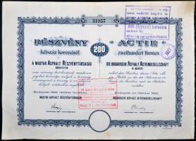 Budapest 1922. "A Magyar Asphalt Részvénytársaság" részvénye 200K-ról, szárazpecséttel, felülbélyegzett T:I-,II