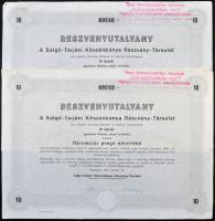 Budapest 1944. "A Salgó-Tarjáni Kőszénbánya Részvény-Társulat" részvényutalványa 10db egyenként 30P, összesen 300P névértékű társulati részvényről (2x), mindkettő szárazpecséttel, felülbélyegzettek T:II