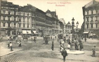 Budapest VI. Oktogon tér, Komlódi Jakab, Ernyei Lajos és Sokulski üzlete, villamos (EK)