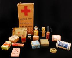 Régi orvosi kötszerek, gyógyszerek, vörös keresztes karton dobozban, összesen:16 db,