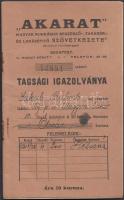 cca 1920 "Akarat" Magyar munkások beszerző-, takarék és lakásépítő szövetkezet" tagsági igazolványa Belül sok képpel.