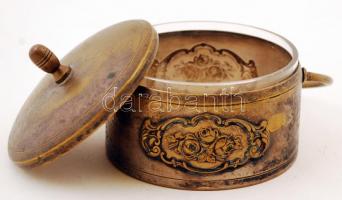 Füles bonbonier üveg betéttel, fém, d:10,5 cm, m:14 cm