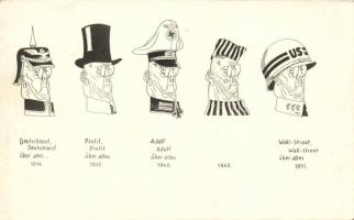 A német militarizmus fejlődése a napjainkban, humoros propaganda lap / Development of the German military, humorous propaganda card s: Kaján Tibor