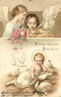 Christmas, Angles with white doves, golden decoration litho (EK)