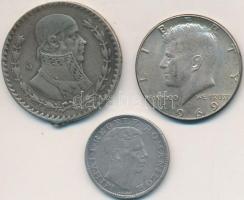 Románia 1942. 200L Ag + Mexikó 1962. 1P Ag "Függetlenség" + Amerikai Egyesült Államok 1969D 1/2$ Ag "Kennedy" T:2-,3 forrasztásnyom Romania 1942. 200 Lei Ag + Mexico 1962. 1 Peso Ag "Independence" + USA 1969D 1/2 Dollar Ag "Kennedy" C:VF,F soldering mark
