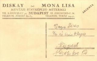 Budapest XIX. Kispest, Varga Dénes fa és széntelepe, hátoldalon Diskay Mona Lisa fényképező reklámja...