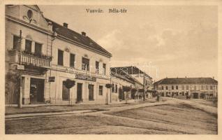 Vasvár, Béla tér, Eckstein Jenő üzlete, Korona szálloda és vendéglő, Özv. Singer Zsigmondné papírkereskedése és kiadáa