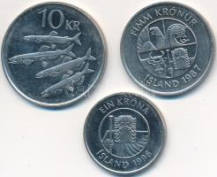 Izland 1987. 5Kr CuNi + 1996. 1Kr Ni + 10Kr CuNi T:2- Iceland 1987. 5 Kronur CuNi + 1996. 1 Krona Ni + 10 Kronur CuNi C:VF