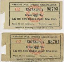 1940. 48f (5x) "Miskolczi Orthodox Izraelita Anyahitközösség" liba vágatási bárcák, sorszámkövetők T:I-,II,II-