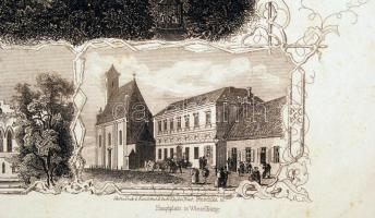 cca 1853 Reschka: Mosonmagyaróvár. Hétosztatú acélmetszet. A díszes kereten belül középen egy főkép,...