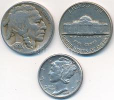 Amerikai Egyesült Államok 1936. 5c CuNi "Buffalo" + 1943. 1D Ag "Mercury" + 1964. 5c CuNi "Jefferson" T:2,2- USA 1936. 5 Cents CuNi "Buffalo" + 1943. 1 Dime Ag "Mercury" + 1964. 5 Cents CuNi "Jefferson" C:XF,VF