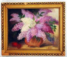 Csíkos jelzéssel: Orgonás csendélet. Olaj, karton, keretben, 40×50 cm