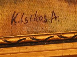 Csíkos jelzéssel: Orgonás csendélet. Olaj, karton, keretben, 40×50 cm