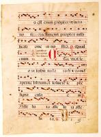cca 1520 Észak-olaszországi korabeli kotta, 3 színű tintával, pergamenen. Díszes iniciálékkal./ Vintage Italian antiphonar leaf 47,5x35,6cm
