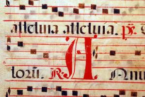 cca 1520 Észak-olaszországi korabeli kotta, 3 színű tintával, pergamenen. Díszes iniciálékkal./ Vint...