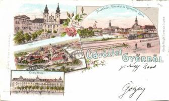 1898 Győr, Püspökvár, Rábahíd, Karmelita Zárda, templom, Királyi tábla, Győr-Újváros, litho (vágott / cut)