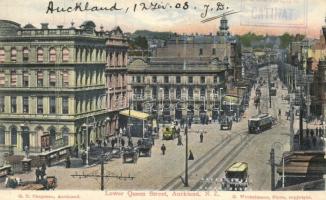 Auckland, Lower Queen Street, tram, automobile, Chapman Series