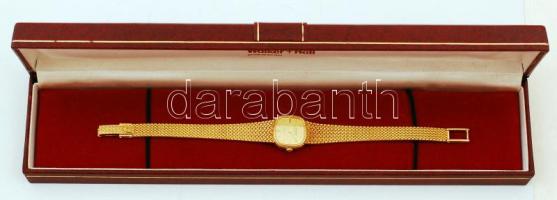 cca 1980 Tudor márkájú (Rolex) 14 karátos női arany karóra, arany szíjjal, jelzett felhúzókoronával, dísztokban, eredeti számlával, elemmel / cca 1980 Vintage solid 14 C gold wristwatch by Tudor, in leather case with purchase invoice br: 31,92g