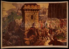 cca 1920-1930 Elemi népiskolai szemléltető fali képek, történelmi témákkal, ofszet(pl. Erzsébet királyné Deák Ferenc ravatalánál, Asztrik püspök átadja Szent Istvánnak a koronát, stb.), 10 db, 61x90 cm