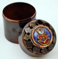 Iparművészeti Vállalatos réz ékszertartó, zománc díszítéssel, jelzett, m:5,5 cm