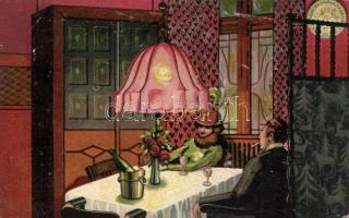 Berlin, Charlottenburg, Etablissement Kutschera / restaurant interior, advertisement on the backside, couple litho