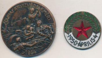 1950. "1950. április 4." zománcozott Br díszszemle jelvény tű nélkül + 1954. "Dunai árvízvédelemért" Br jelvény tű nélkül, hátoldalon ragasztásnyom T:2-