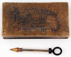 Régi fecskendő, "Ibolya glycerin szappan"-os dobozban, karton, kopott, 18×10 cm