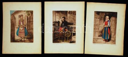 cca 1933 Kohári K. Jenő: Erdélyi népviselet, színezett rézkarc. 5db, jelzett. 20,5x14,5cm