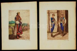 cca 1933 Kohári K. Jenő: Erdélyi népviselet, színezett rézkarc. 5db, jelzett. 20,5x14,5cm