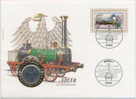 NSZK 1985D 1M "Adler - 150 éves az vasút" érmés borítékban első napi bélyegzős bélyeggel T:2 FRG 1985D 1 Mark "Adler - 150th Anniversary of the Railway" coin letter with stamp, first day issue C:XF