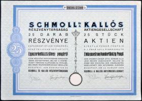Budapest 1928. "Schmoll és Kallós Részvénytársaság" 25db részvénye, egyenként 50P-ről, szelvényekkel, szárapecséttel T:I-